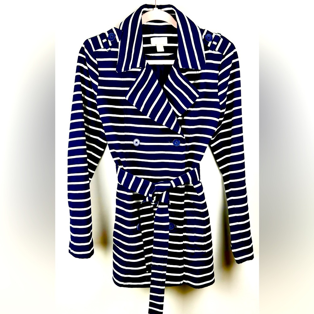 The Loft Double Breasted Navy Blue & White Sz Small‎ Belted Trench Coat